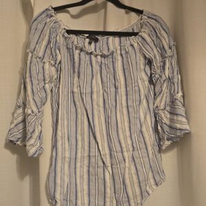 DREW Blue and White Puff Sleeve Ruffled Blouse